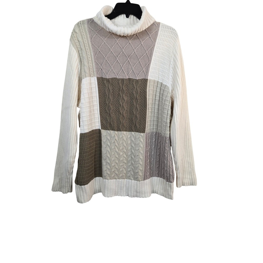 Vtg Liz Claiborne Woman Ivory Brown Patchwork Cable Knit Turtleneck Sweater 3X